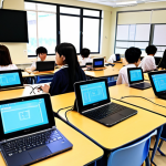 **Prompt:** A modern, bright classroom filled with diverse Japanese students, some actively participating in online classes on laptops with headphones, while others engage with digital textbooks on tablets. A supportive teacher facilitates, seamlessly blending physical and digital instruction. The scene should convey an atmosphere of flexible, accessible, and engaging learning enabled by technology.