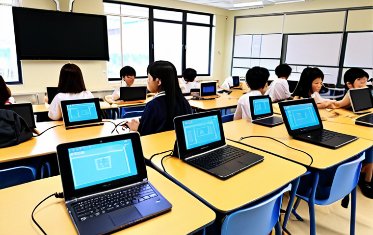 **Prompt:** A modern, bright classroom filled with diverse Japanese students, some actively participating in online classes on laptops with headphones, while others engage with digital textbooks on tablets. A supportive teacher facilitates, seamlessly blending physical and digital instruction. The scene should convey an atmosphere of flexible, accessible, and engaging learning enabled by technology.