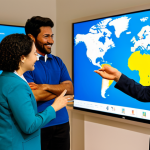 A diverse group of adult learners, men and women from various cultural backgrounds, fully clothed in modest professional attire, actively collaborating around a large interactive screen in a bright, modern learning hub. They are sharing ideas and discussing concepts with enthusiastic and natural poses. The background includes subtle hints of global connections, like a stylized world map or international flags in a blur. professional photography, high quality, perfect anatomy, correct proportions, well-formed hands, proper finger count, natural body proportions, safe for work, appropriate content, fully clothed, family-friendly.