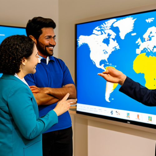 A diverse group of adult learners, men and women from various cultural backgrounds, fully clothed in modest professional attire, actively collaborating around a large interactive screen in a bright, modern learning hub. They are sharing ideas and discussing concepts with enthusiastic and natural poses. The background includes subtle hints of global connections, like a stylized world map or international flags in a blur. professional photography, high quality, perfect anatomy, correct proportions, well-formed hands, proper finger count, natural body proportions, safe for work, appropriate content, fully clothed, family-friendly.