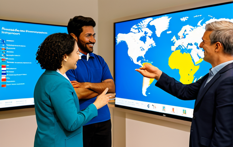 A diverse group of adult learners, men and women from various cultural backgrounds, fully clothed in modest professional attire, actively collaborating around a large interactive screen in a bright, modern learning hub. They are sharing ideas and discussing concepts with enthusiastic and natural poses. The background includes subtle hints of global connections, like a stylized world map or international flags in a blur. professional photography, high quality, perfect anatomy, correct proportions, well-formed hands, proper finger count, natural body proportions, safe for work, appropriate content, fully clothed, family-friendly.