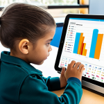 A young student, fully clothed in modest attire, is intently engaged with an AI-powered learning tablet in a bright, modern study space. The tablet screen vividly displays colorful educational content, seamlessly integrated with clear progress graphs and data analytics, illustrating personalized learning pathways. The student's expression conveys focus and understanding, reflecting an efficient and optimized learning experience. safe for work, appropriate content, fully clothed, professional, perfect anatomy, correct proportions, natural pose, well-formed hands, proper finger count, natural body proportions, high quality, professional photography.