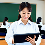 **

"A modern Japanese classroom with students using AI-powered tablets, a female teacher in professional attire assisting, bright and cheerful atmosphere, fully clothed, appropriate content, safe for work, perfect anatomy, natural proportions, professional, family-friendly, realistic, high-resolution."

**