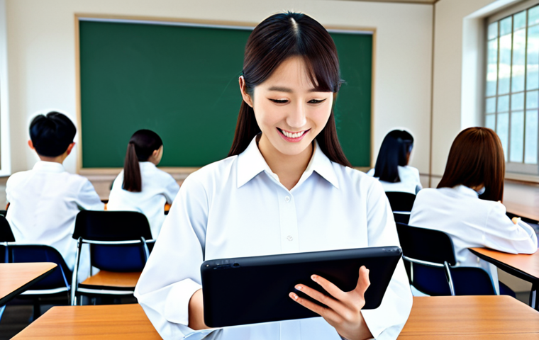 **

"A modern Japanese classroom with students using AI-powered tablets, a female teacher in professional attire assisting, bright and cheerful atmosphere, fully clothed, appropriate content, safe for work, perfect anatomy, natural proportions, professional, family-friendly, realistic, high-resolution."

**