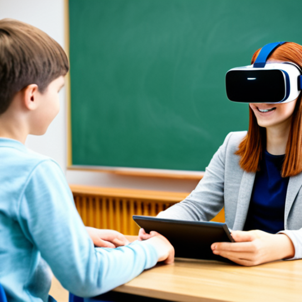 **

A bright, modern classroom scene. A young, fully clothed student is engaged with an AI tutor displayed on a tablet. The AI tutor appears as a friendly character. The student is wearing modest, casual clothing. Background shows other students collaborating on projects, some using VR headsets. "Safe for work", "appropriate content", "fully clothed", "family-friendly", "professional", "perfect anatomy", "correct proportions", "natural pose", "well-formed hands", "proper finger count", "natural body proportions", "high quality", "educational setting".

**