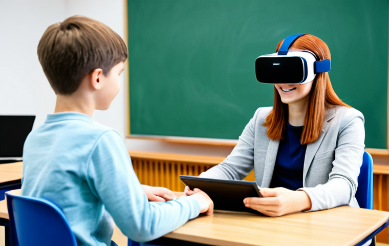 **

A bright, modern classroom scene. A young, fully clothed student is engaged with an AI tutor displayed on a tablet. The AI tutor appears as a friendly character. The student is wearing modest, casual clothing. Background shows other students collaborating on projects, some using VR headsets. "Safe for work", "appropriate content", "fully clothed", "family-friendly", "professional", "perfect anatomy", "correct proportions", "natural pose", "well-formed hands", "proper finger count", "natural body proportions", "high quality", "educational setting".

**