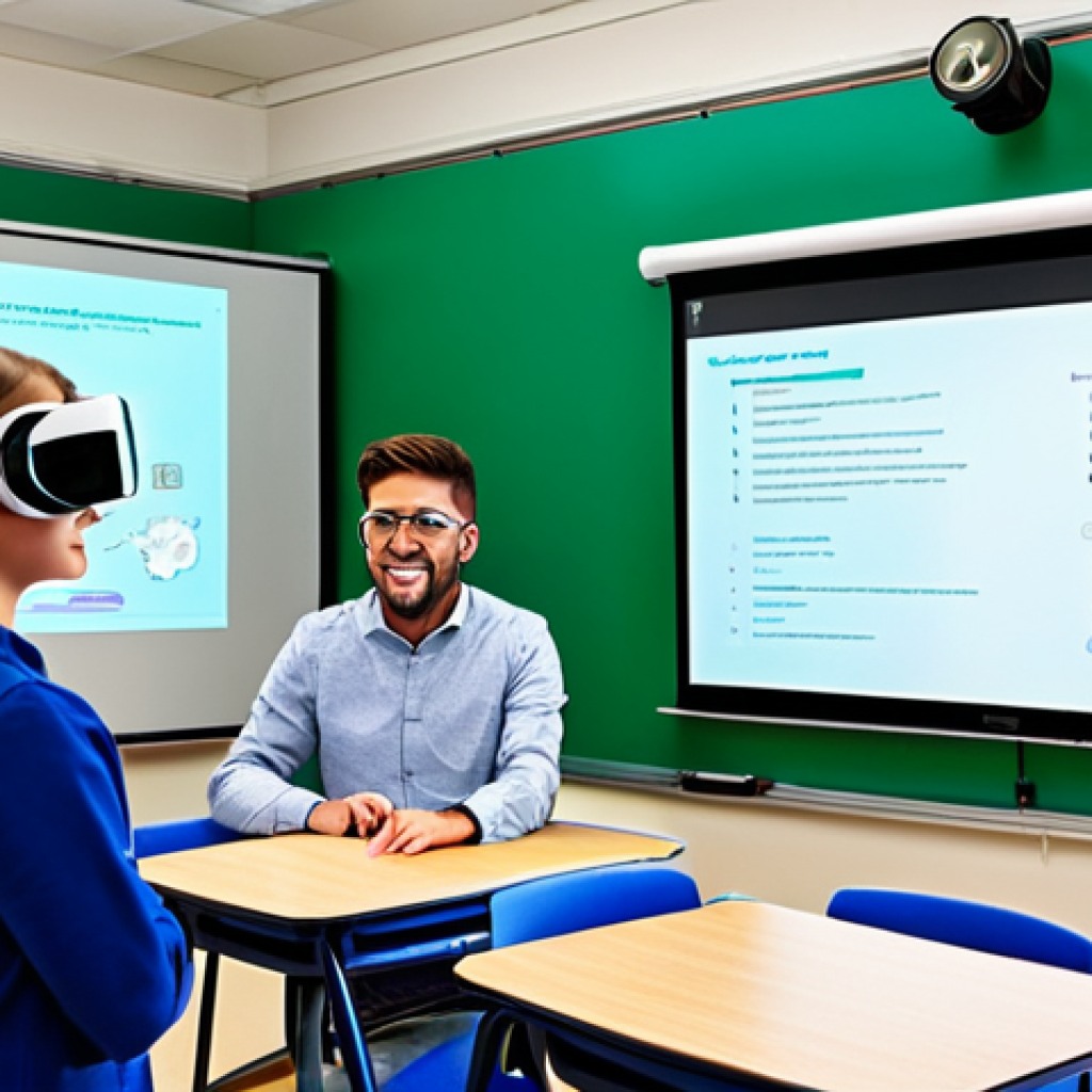 **

"A vibrant classroom scene with students actively engaged with digital textbooks on tablets. Some students are using VR headsets for a history lesson, while others collaborate on a group project using a learning management system (LMS). A teacher stands at the front, guiding the lesson and monitoring student progress on a large interactive whiteboard. Bright, modern classroom setting, fully clothed, appropriate attire, safe for work, perfect anatomy, natural proportions, professional, educational, family-friendly."

**