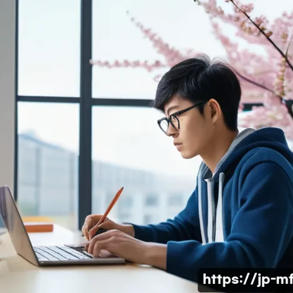 개인화된 학습 경험을 위한 기술 발전 - A modern Japanese student sitting at a sleek desk in a bright, minimalist room, using a laptop displ...