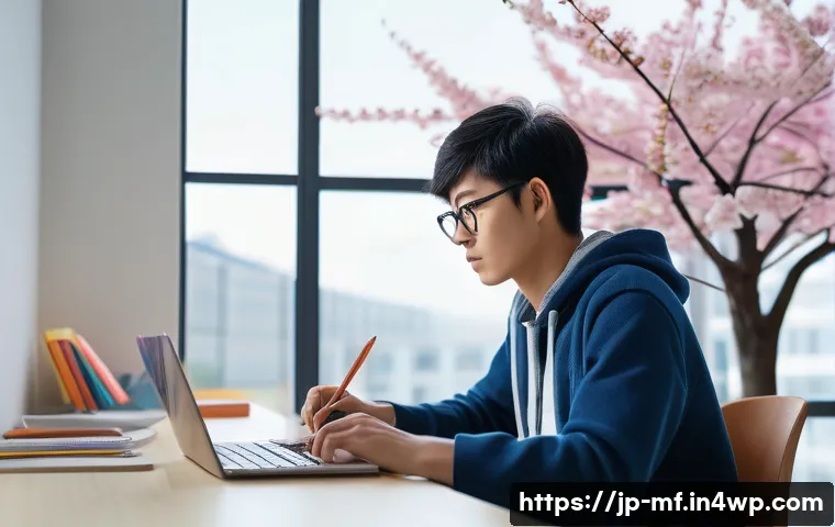 개인화된 학습 경험을 위한 기술 발전 - A modern Japanese student sitting at a sleek desk in a bright, minimalist room, using a laptop displ...