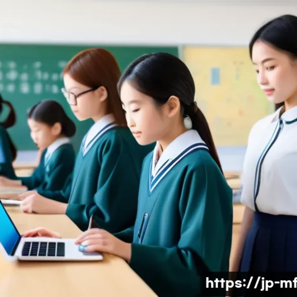 2023년 주목할 에듀테크 기업 - A modern Japanese classroom scene featuring diverse students using tablets for interactive learning,...