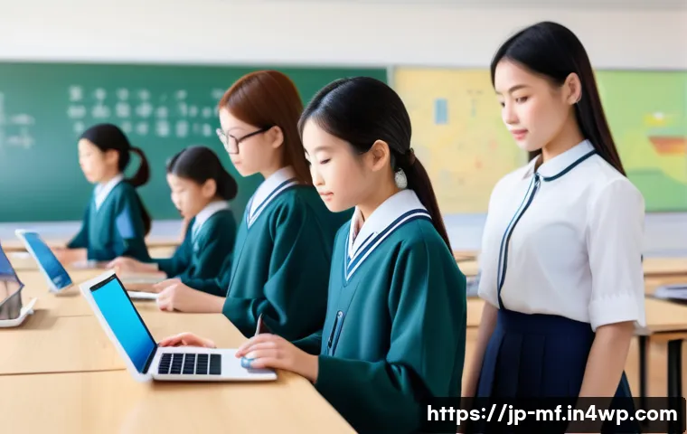 2023년 주목할 에듀테크 기업 - A modern Japanese classroom scene featuring diverse students using tablets for interactive learning,...