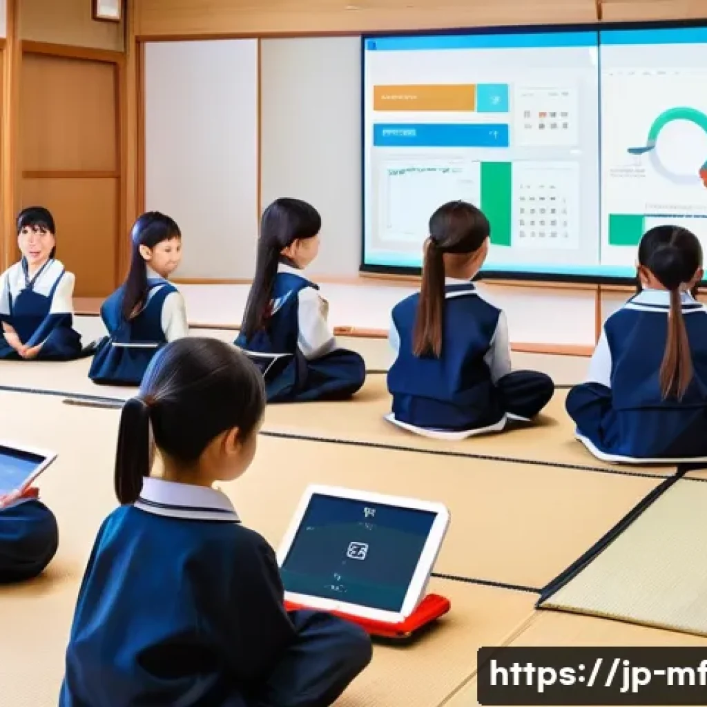 프로그래밍 교육의 에듀테크적 접근 - A modern Japanese classroom scene with elementary school children using tablets and laptops, engagin...