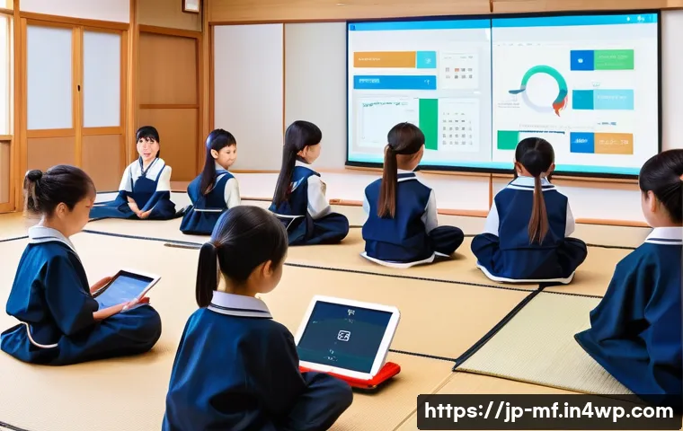 프로그래밍 교육의 에듀테크적 접근 - A modern Japanese classroom scene with elementary school children using tablets and laptops, engagin...