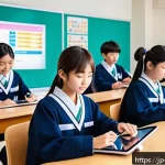 에듀테크에서의 청소년 참여 증진 전략 - A modern Japanese classroom scene featuring diverse students using interactive digital learning tool...