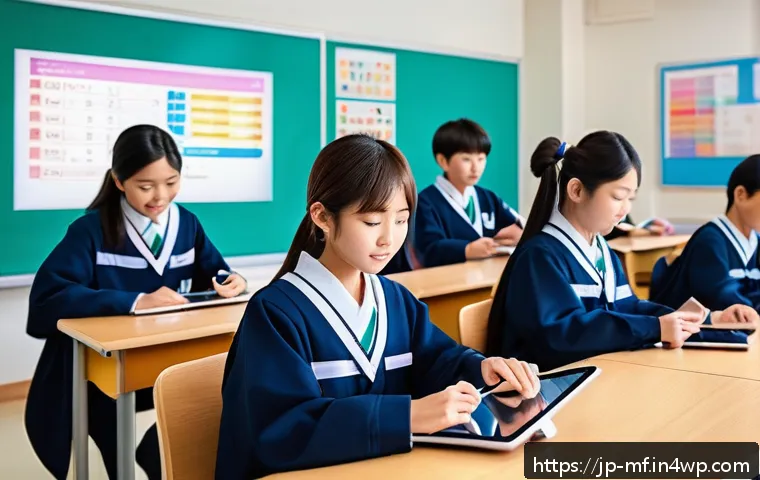 에듀테크에서의 청소년 참여 증진 전략 - A modern Japanese classroom scene featuring diverse students using interactive digital learning tool...