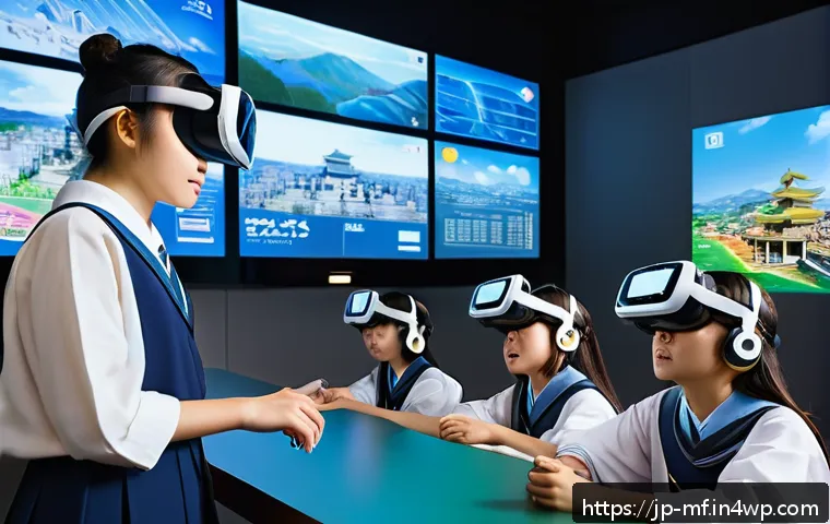에듀테크의 최신 기술 동향 - A modern Japanese classroom scene featuring students wearing VR headsets and interacting with a vivi...