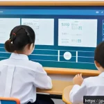 에듀테크 스타트업 투자 동향 - A modern Japanese classroom scene featuring a diverse group of middle school students using AI-power...