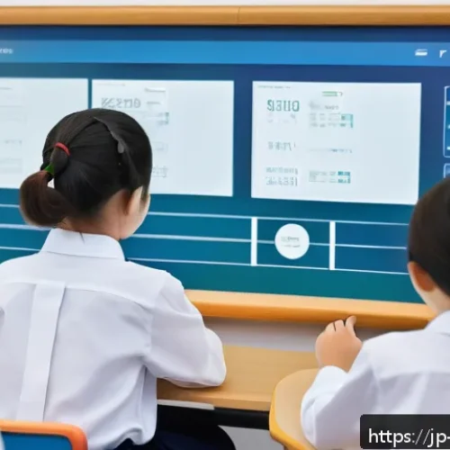 에듀테크 스타트업 투자 동향 - A modern Japanese classroom scene featuring a diverse group of middle school students using AI-power...