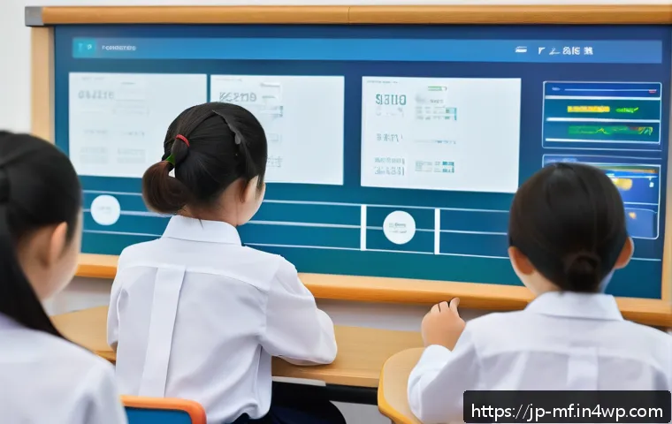 에듀테크 스타트업 투자 동향 - A modern Japanese classroom scene featuring a diverse group of middle school students using AI-power...