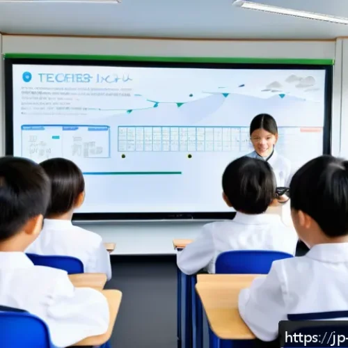 지속 가능한 에듀테크 솔루션 개발 - A modern Japanese classroom scene featuring students using energy-efficient tablets with long batter...