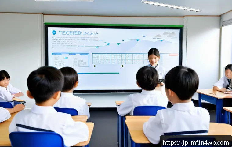 지속 가능한 에듀테크 솔루션 개발 - A modern Japanese classroom scene featuring students using energy-efficient tablets with long batter...