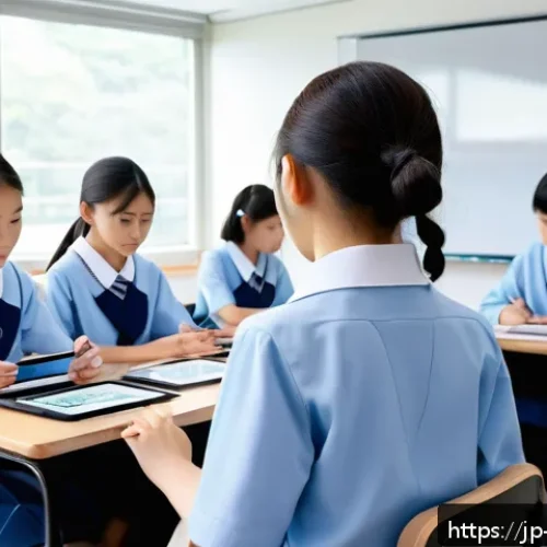 에듀테크의 혁신적 사례 연구 - A modern Japanese classroom scene featuring a diverse group of middle school students using AI-power...