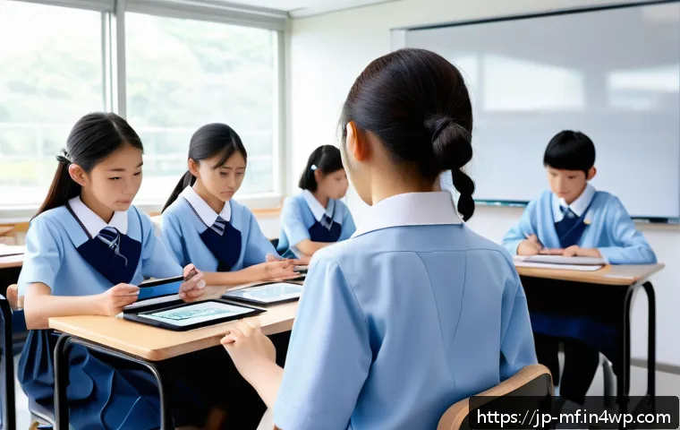에듀테크의 혁신적 사례 연구 - A modern Japanese classroom scene featuring a diverse group of middle school students using AI-power...