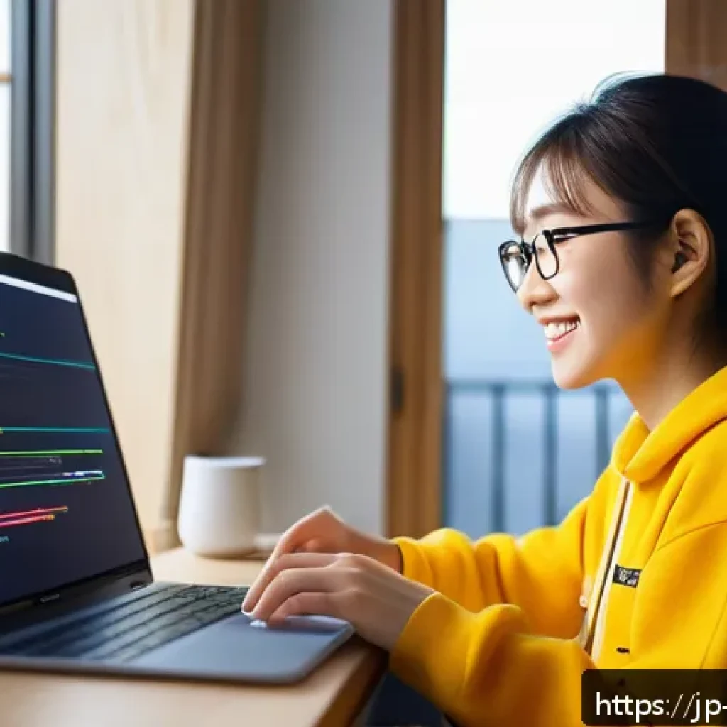 코딩 교육의 중요성과 최신 트렌드 - A cozy modern study room with a young Japanese woman happily learning programming on her laptop, col...