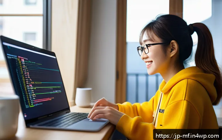 코딩 교육의 중요성과 최신 트렌드 - A cozy modern study room with a young Japanese woman happily learning programming on her laptop, col...