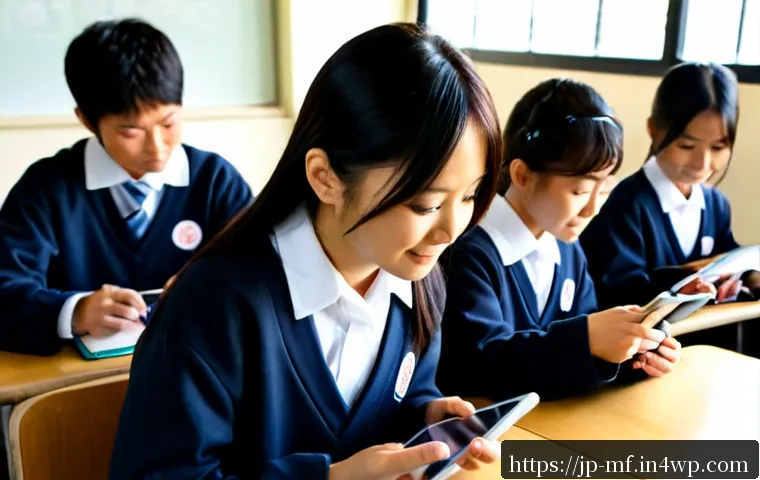 에듀테크의 성공적인 도입을 위한 팁 - Photorealistic Japanese middle school classroom during a successful edtech lesson, experienced teach...